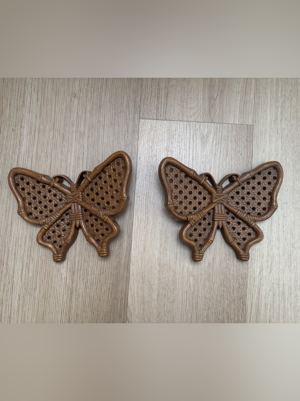 Vintage 1970s Burwood Brown Wicker Design Butterfly Wall Hangings